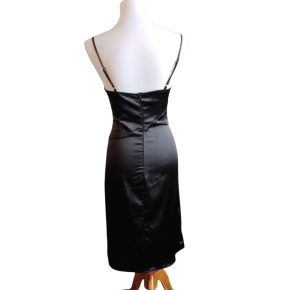 Vintage D&M Satin Slip Dress Black Draped Front High Cut Slit Midi Dress Sz XS - Picture 5 of 9